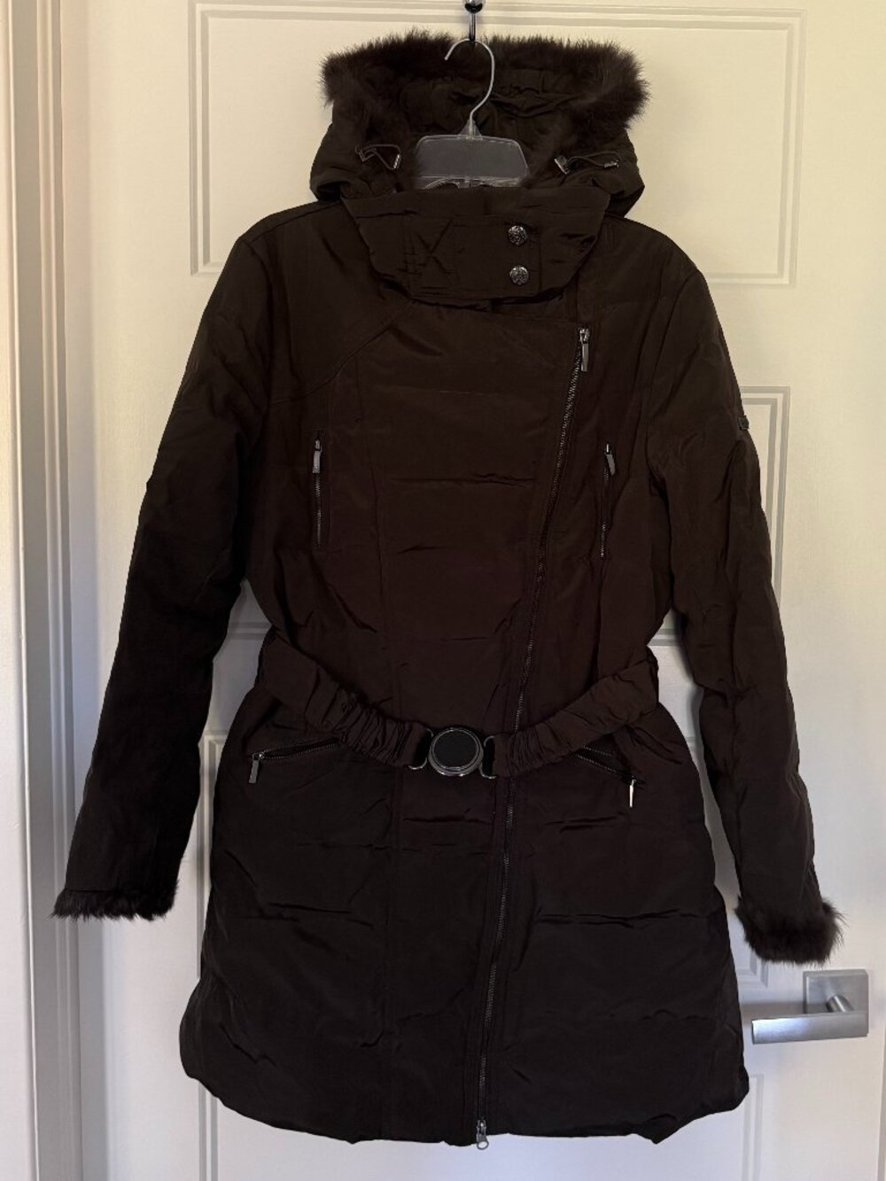Laundry / Shelli Segal - Brown Belted Assymetrical Zipper Quilted Down Coat - XL